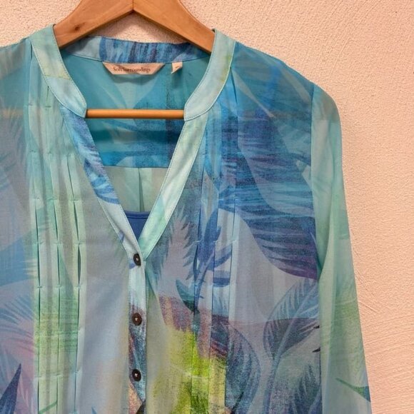 Soft Surroundings Womens Ione Tropical Chiffon Tunic Blouse Top Blue Size PS - Picture 4 of 10